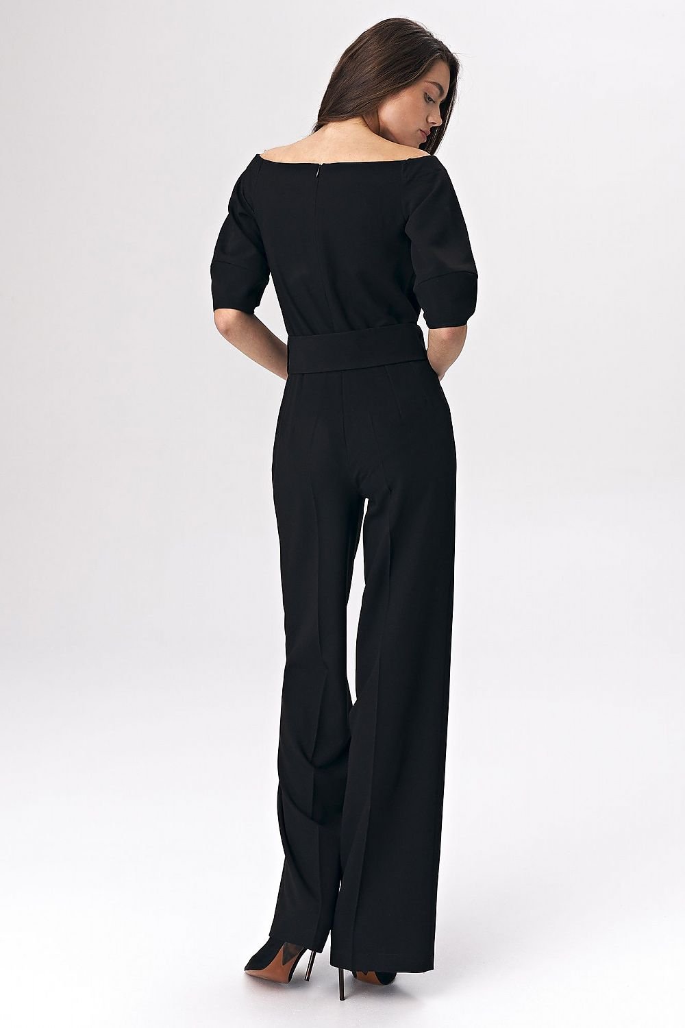 Black Cold-Shoulder Women's Suit with Statement Belt and Viscose Blend