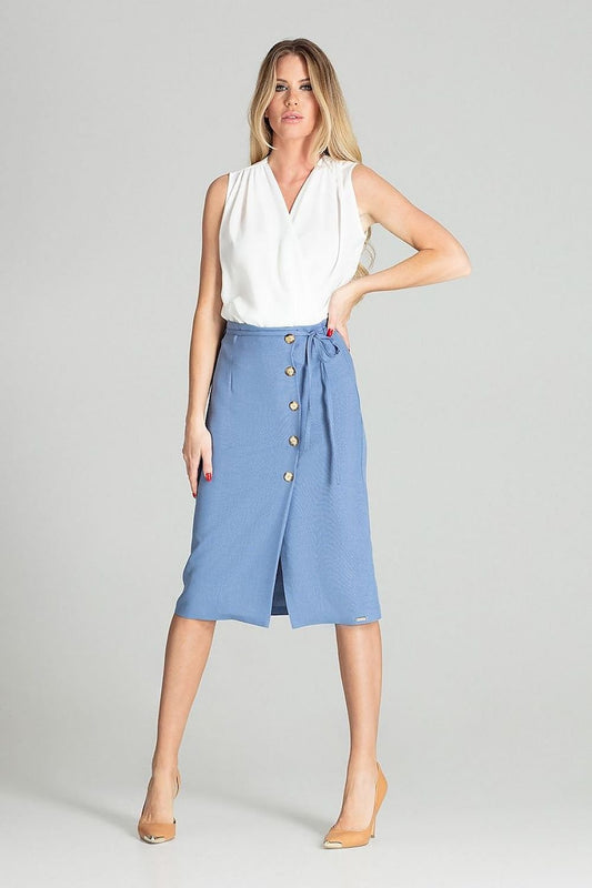 A checked midi skirt with no pockets or lining, featuring a front overlap on the left leg with decorative buttons, a side zip closure, and a decorative tie belt for an elegant and fashionable look.






