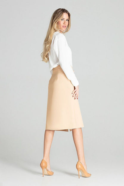 A checked midi skirt with no pockets or lining, featuring a front overlap on the left leg with decorative buttons, a side zip closure, and a decorative tie belt for an elegant and fashionable look.






