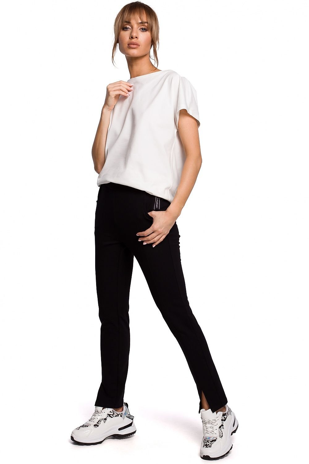 Straight-Leg Trousers with Front Slits & Topstitching