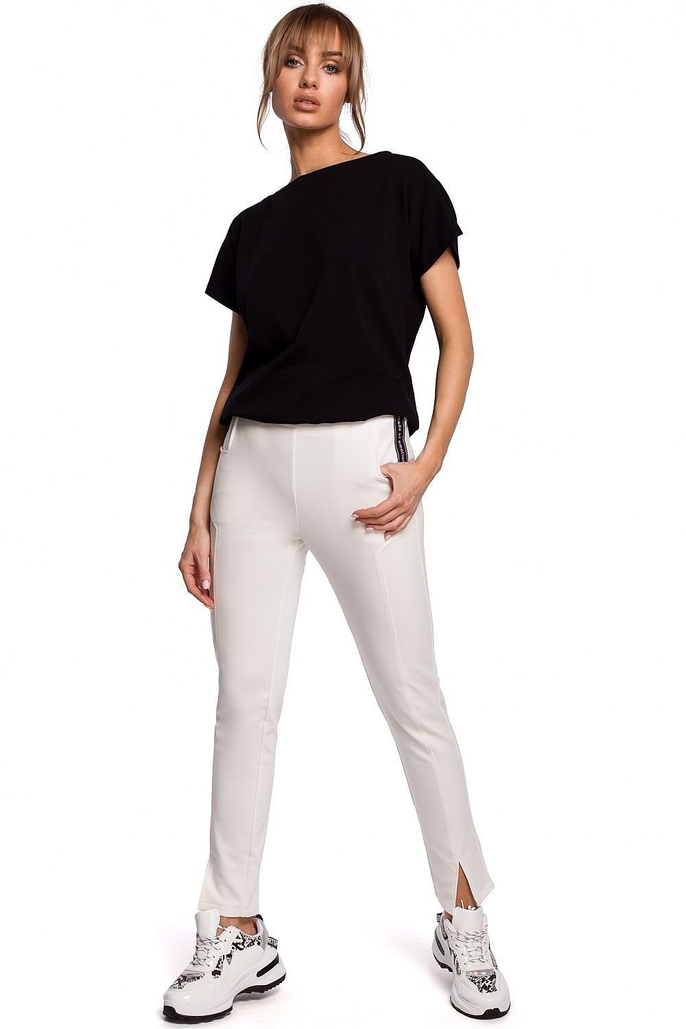 Straight-Leg Trousers with Front Slits & Topstitching