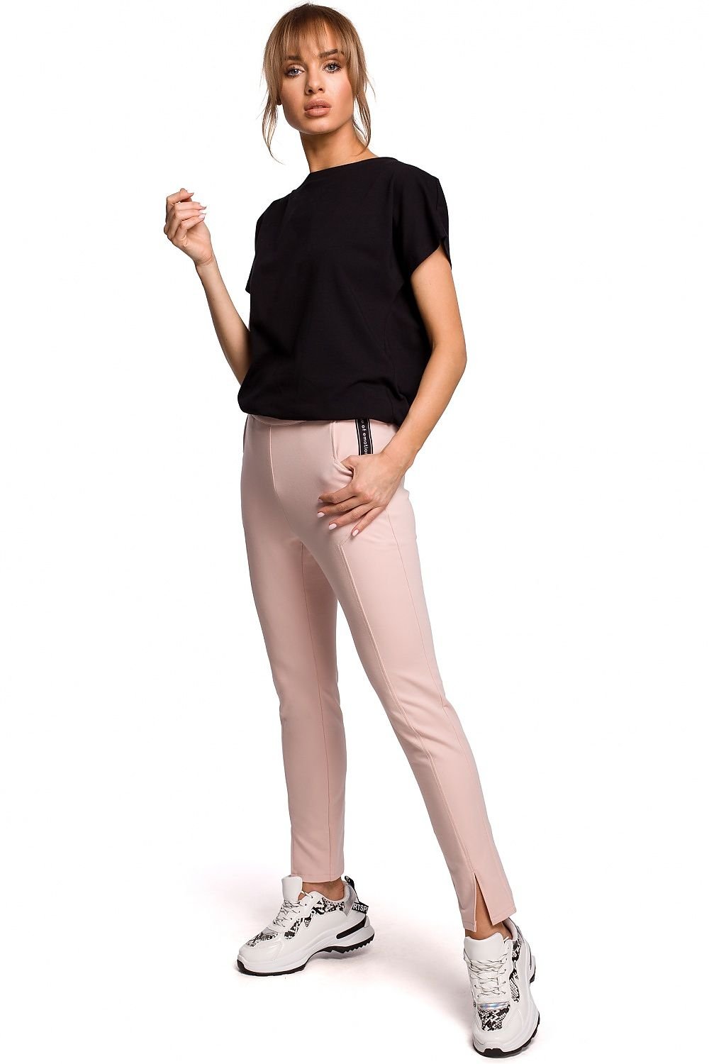 Straight-Leg Trousers with Front Slits & Topstitching