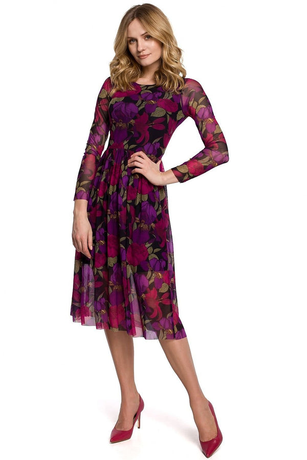 Floral Mesh Dress with Crinkled Flared Skirt - Ludowika 