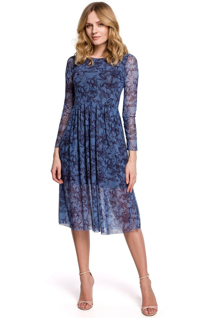 Floral Mesh Dress with Crinkled Flared Skirt - Ludowika 