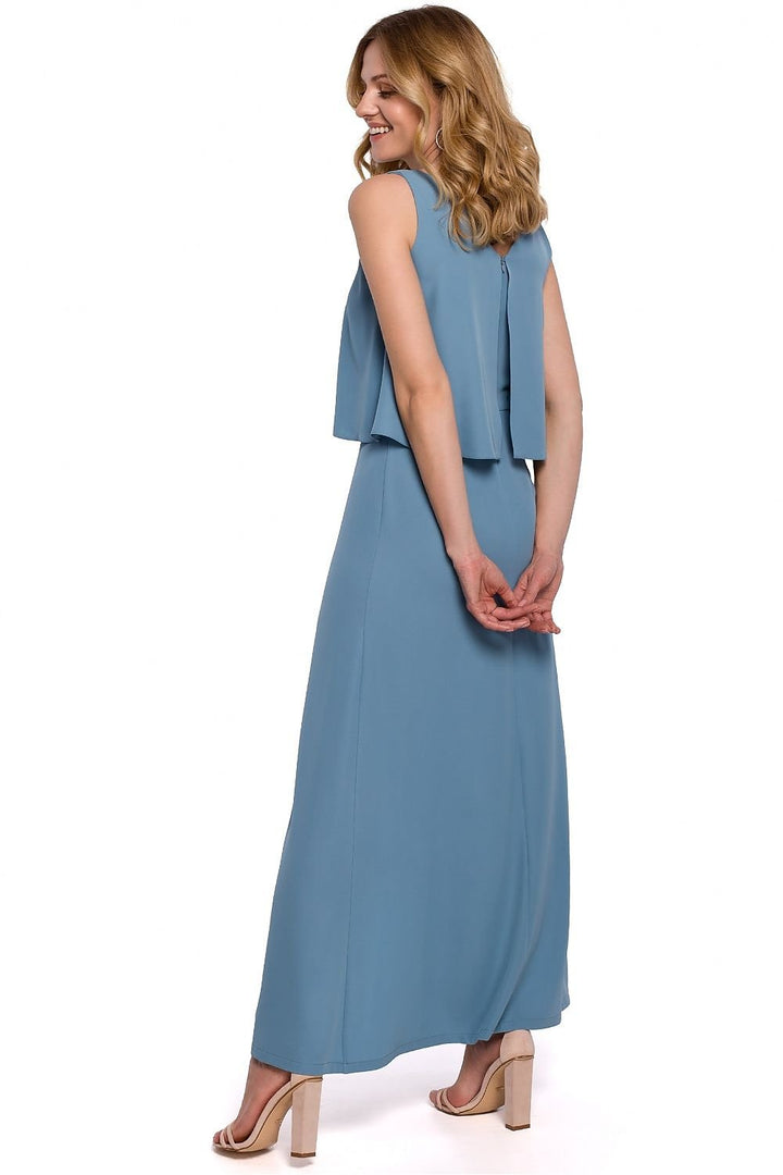 Flowing Dress with Double Frilled Top and Thigh-High Slit - Ludowika 