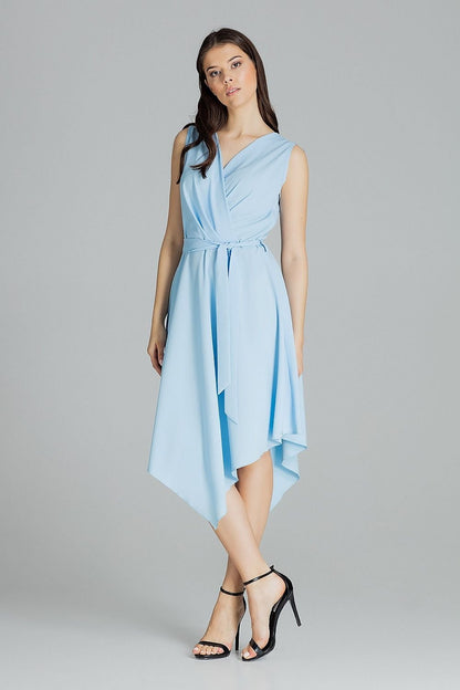 Flowy Sleeveless Midi Dress with Envelope Neckline and Tie Belt