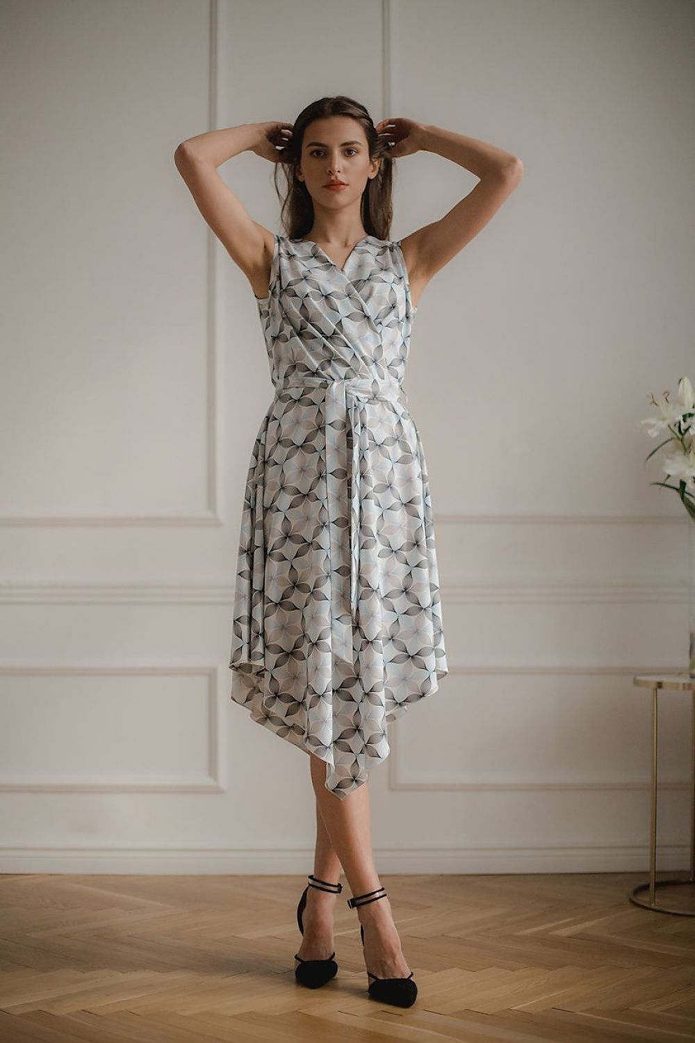 Patterned Sleeveless Midi Dress with Asymmetrical Hem and Tie Waist







