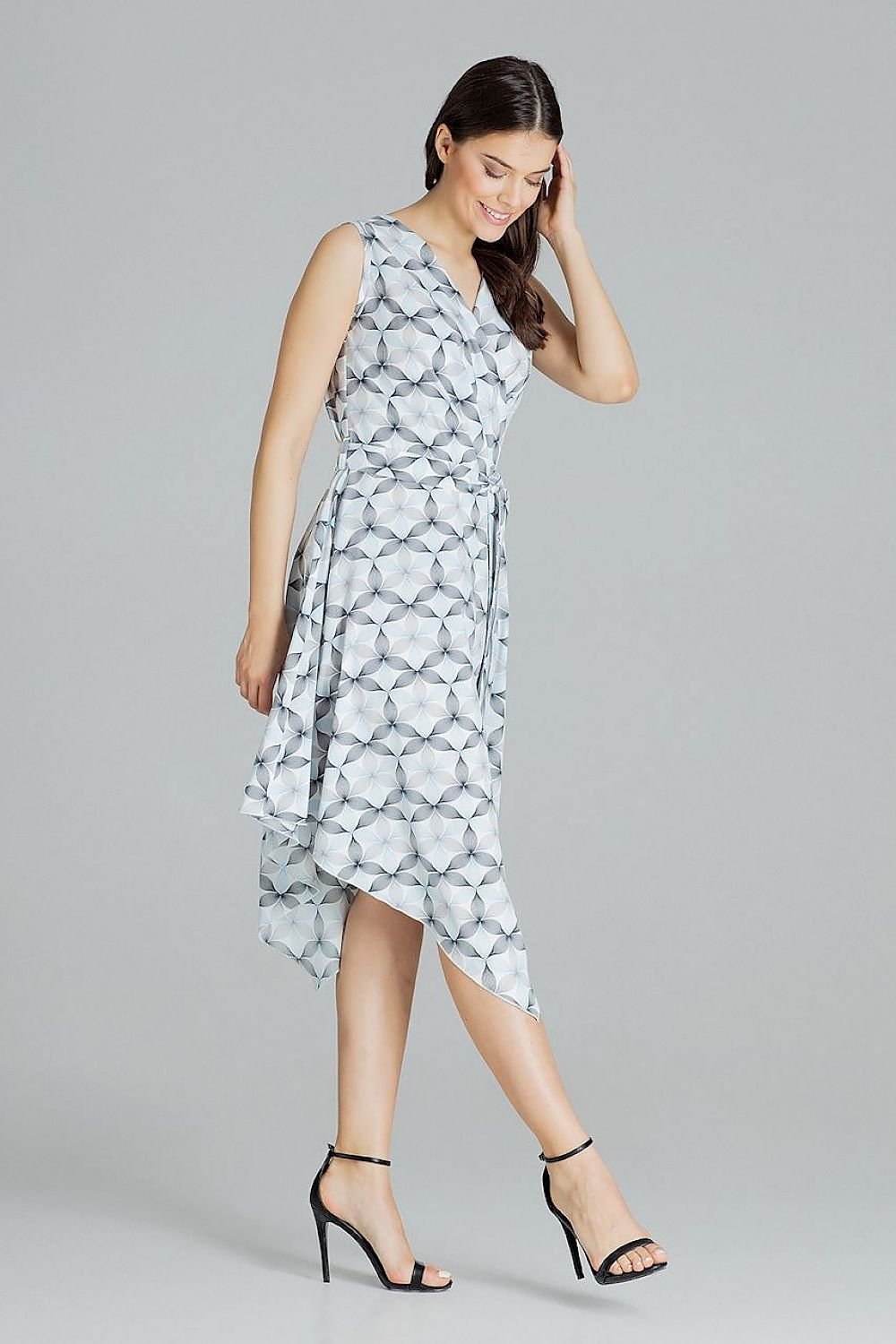 Flowy Sleeveless Midi Dress with Envelope Neckline and Tie Belt