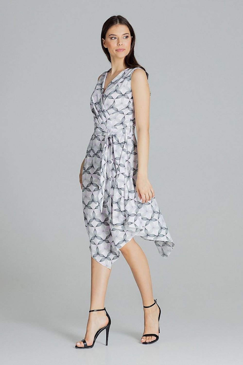 Flowy Sleeveless Midi Dress with Envelope Neckline and Tie Belt