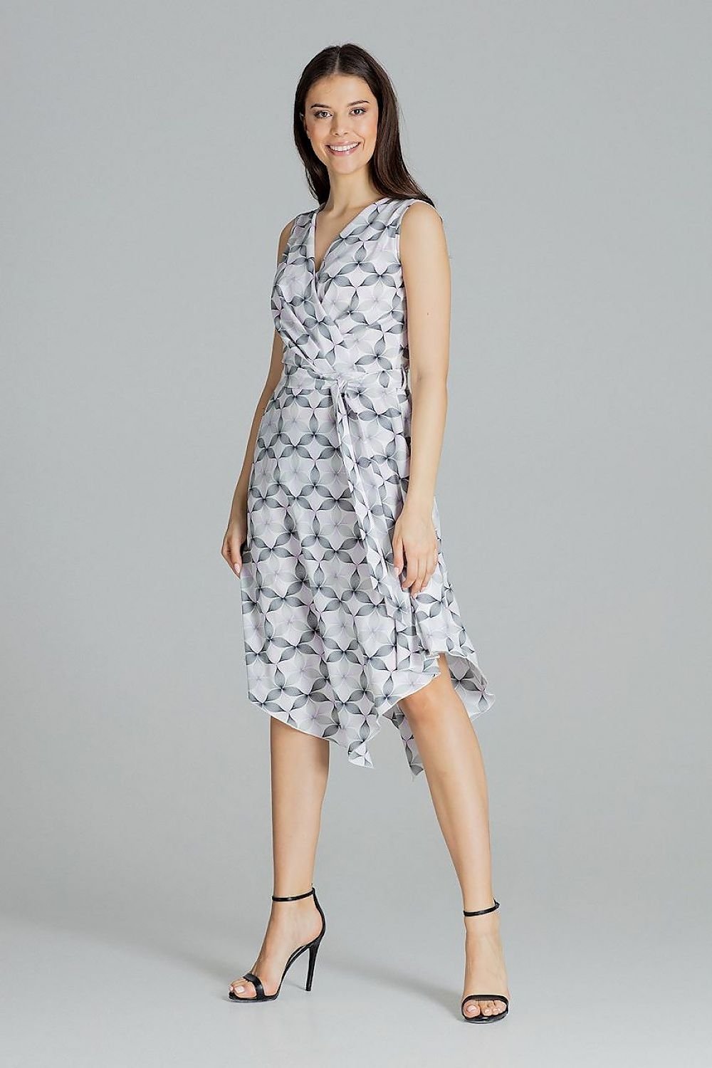 Flowy Sleeveless Midi Dress with Envelope Neckline and Tie Belt