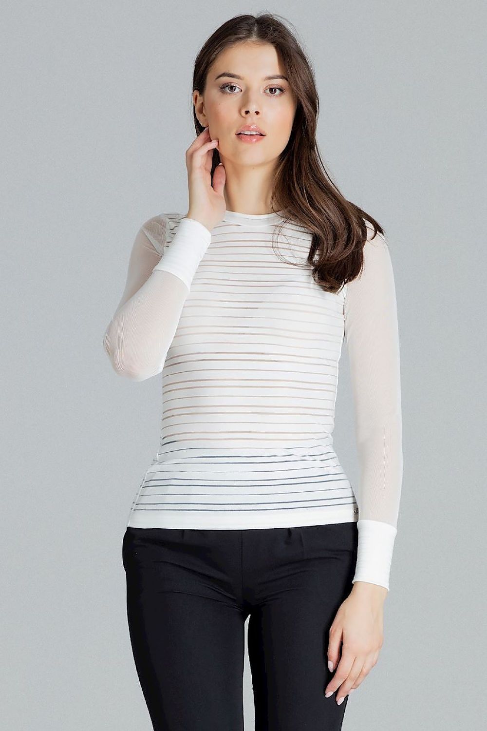 Soft Fabric Blouse with Mesh Sleeves and Cuffs