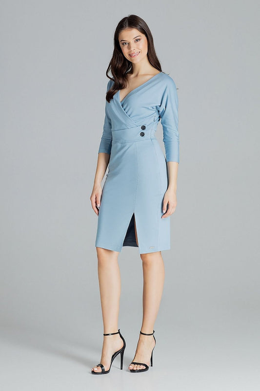 Black Fitted Midi Dress with Kimono Sleeves, Envelope Neckline, and Decorative Belt with Buttons