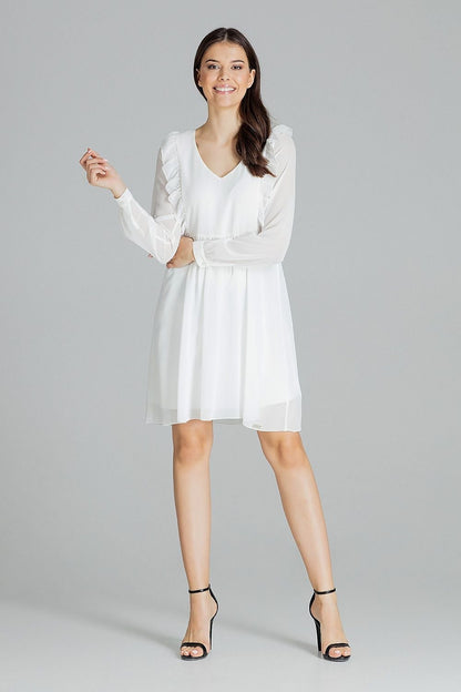 A loose-fitting flowing chiffon midi dress with long ruffled sleeves, button cuffs, a serek neckline, and decorative vertical frills on the front and back, seamed at the waist with a slip at the bottom, no fastening.






