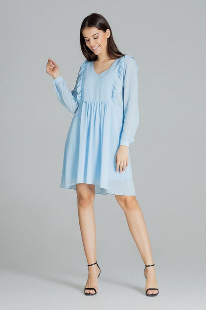 Loose-Fitting Flowing Chiffon Midi Dress with Ruffled Sleeves and Vertical Frills