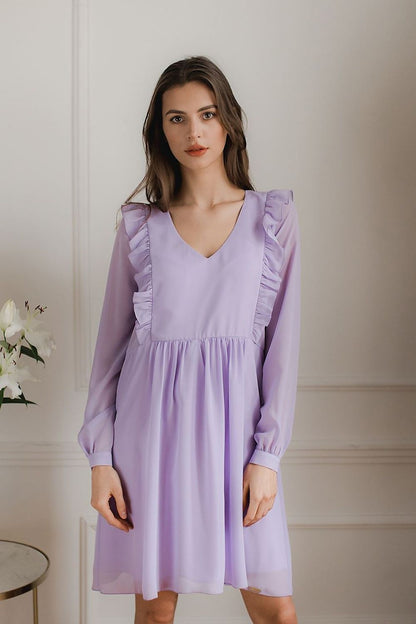 Loose-Fitting Flowing Chiffon Midi Dress with Ruffled Sleeves and Vertical Frills