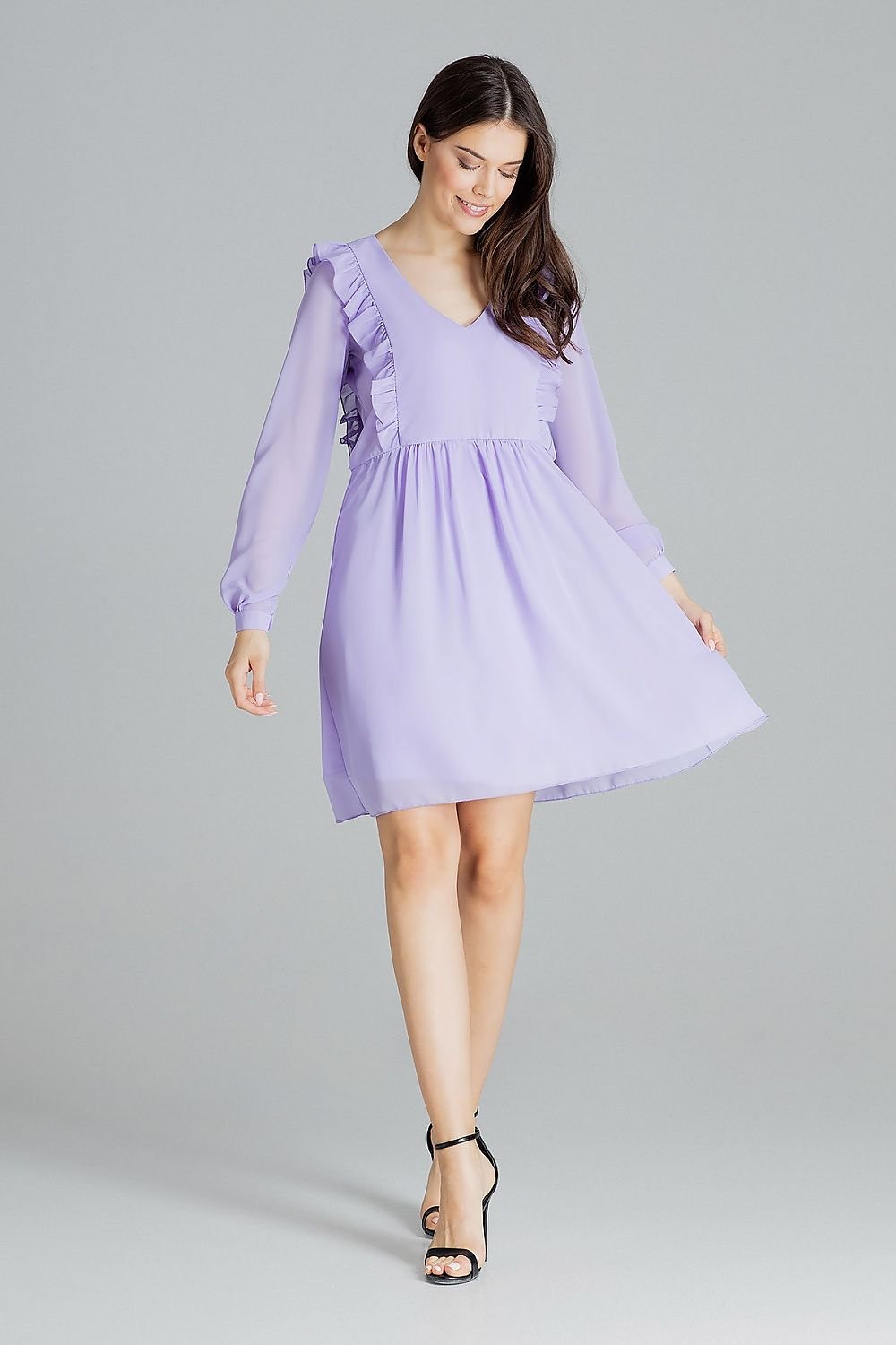 Loose-Fitting Flowing Chiffon Midi Dress with Ruffled Sleeves and Vertical Frills