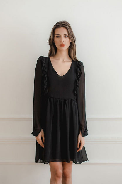 Loose-Fitting Flowing Chiffon Midi Dress with Ruffled Sleeves and Vertical Frills