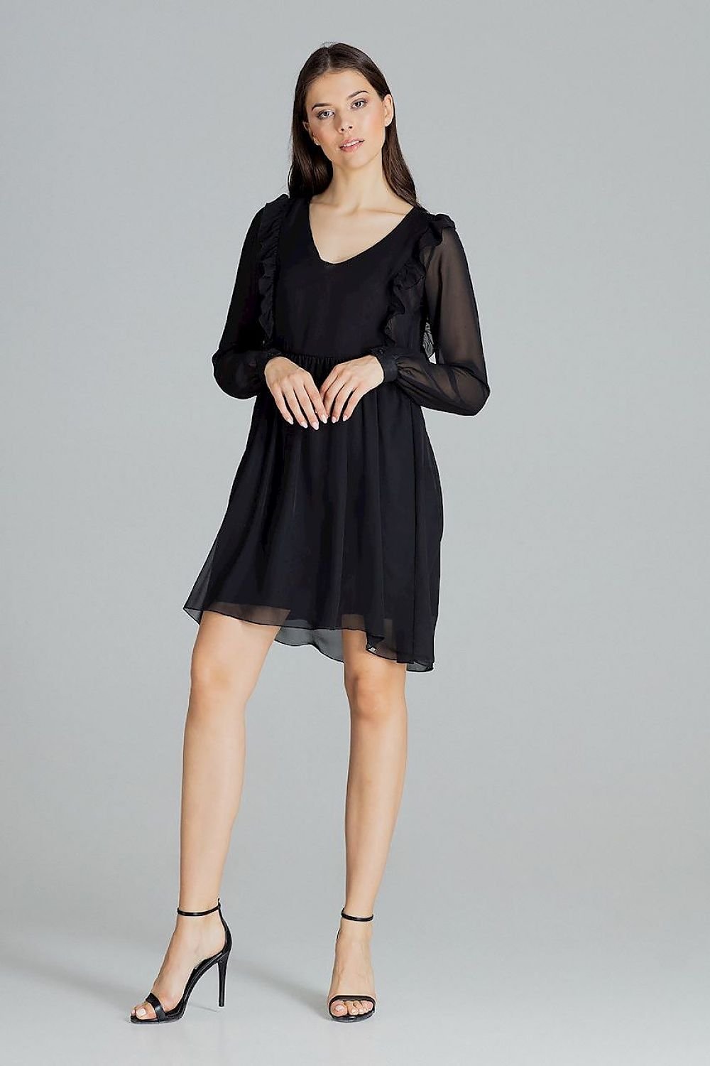 A loose-fitting flowing chiffon midi dress with long ruffled sleeves, button cuffs, a serek neckline, and decorative vertical frills on the front and back, seamed at the waist with a slip at the bottom, no fastening.






