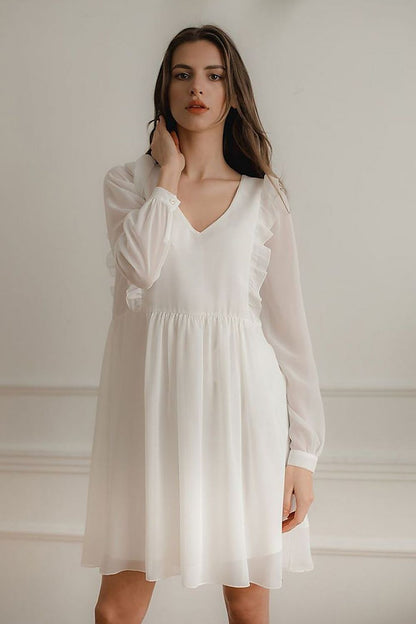 Loose-Fitting Flowing Chiffon Midi Dress with Ruffled Sleeves and Vertical Frills