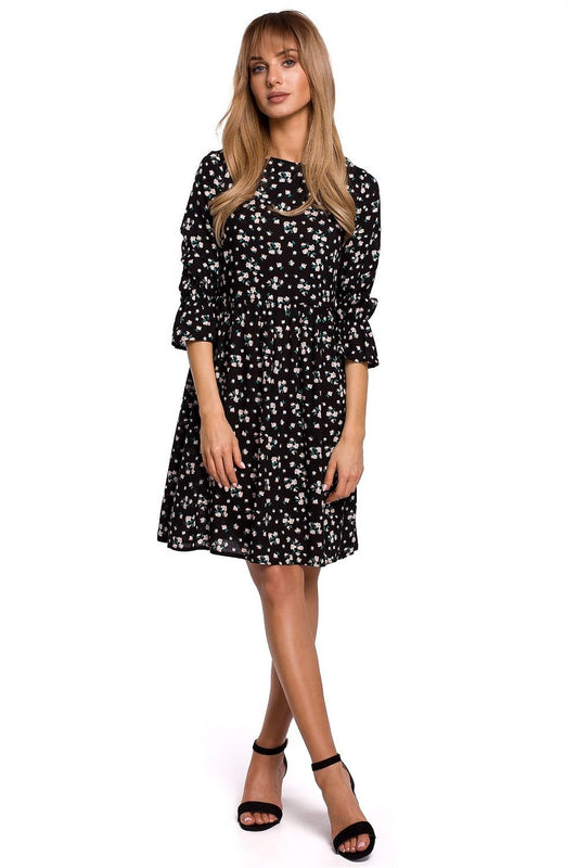 Classic Floral Summer Dress with Elastic Frilled Sleeves and Covered Zipper