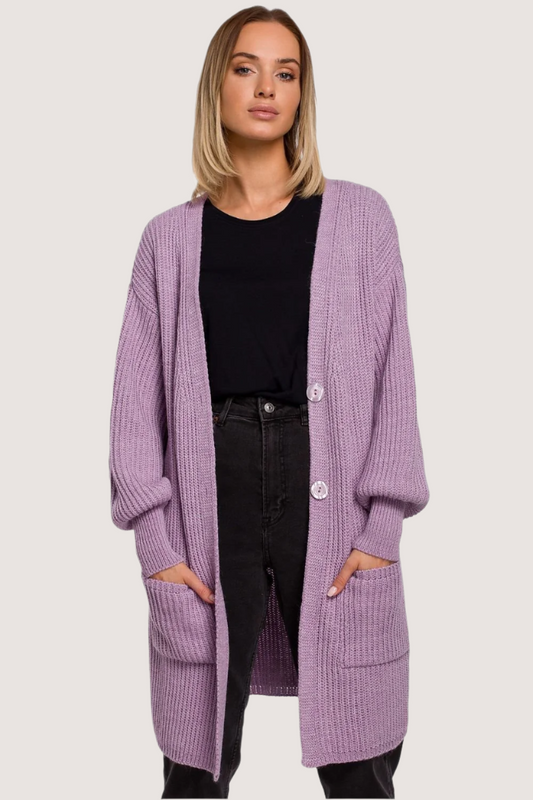 Oversized cardigan with deep V neckline, button-down front, chain weave texture, and colorful button details