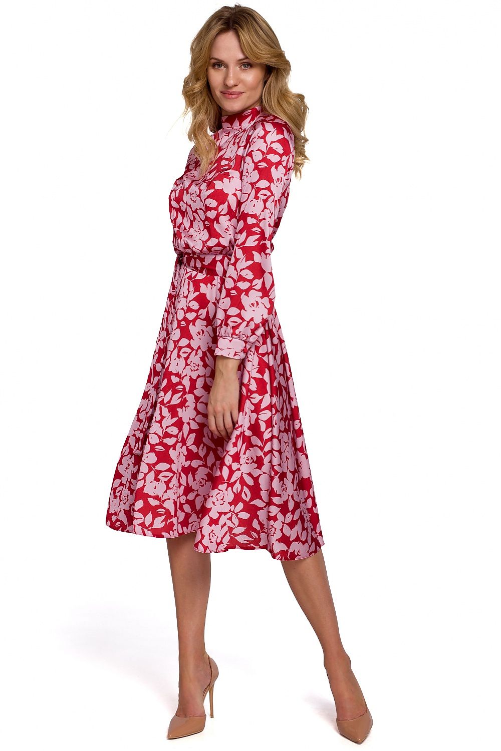 Flared Romantic Dress with Stand-Up Collar, Waist Tie, and Back Slit