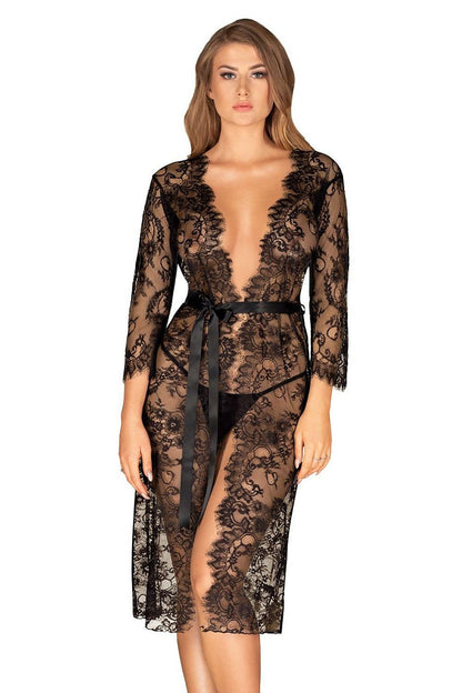 Black Lace Negligee with V Neckline, Waist Ribbon, and Bust Enhancement