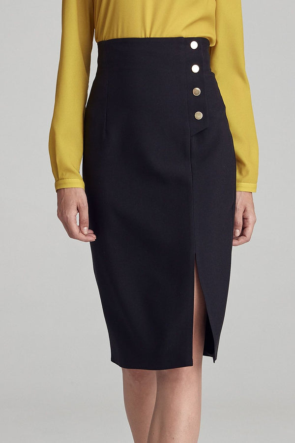 Classic Knee-Length Pencil Skirt with Gold Button Detail - Ludowika 