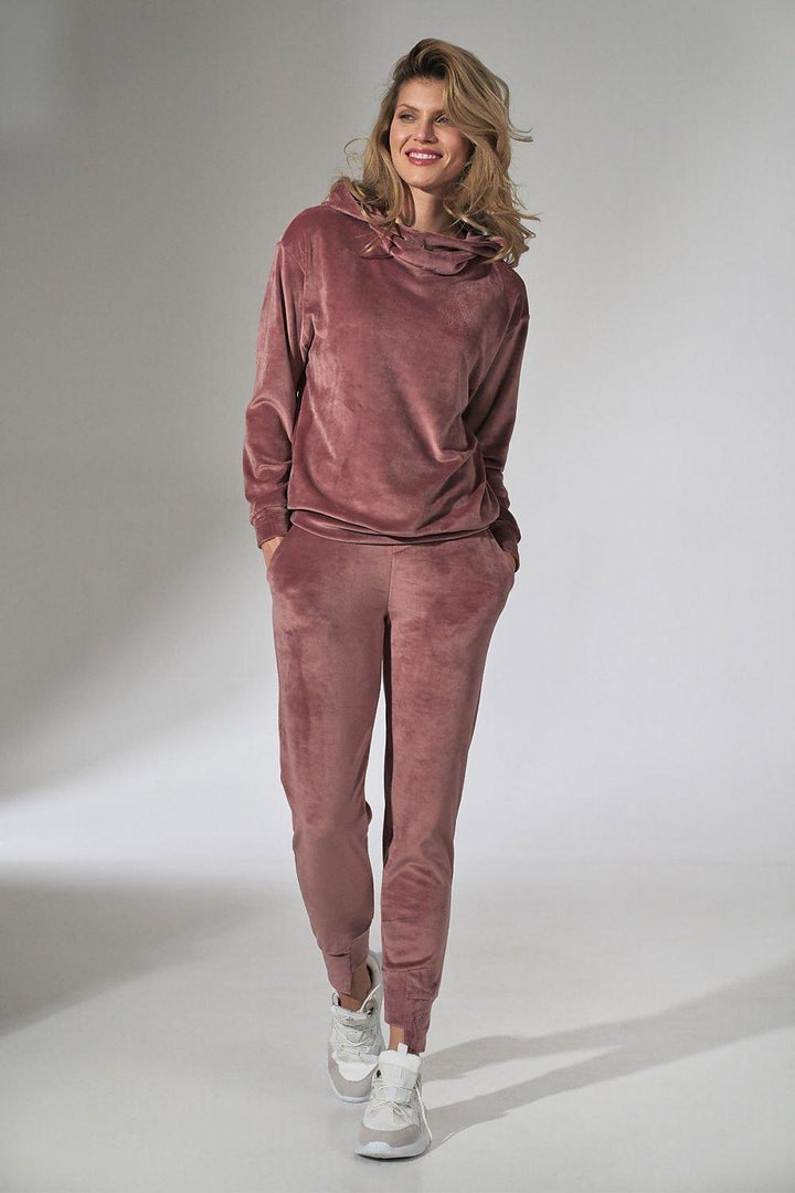 Women's Velour Hooded Sweatshirt with Loose Collar and Ribbed Hem - Ludowika 