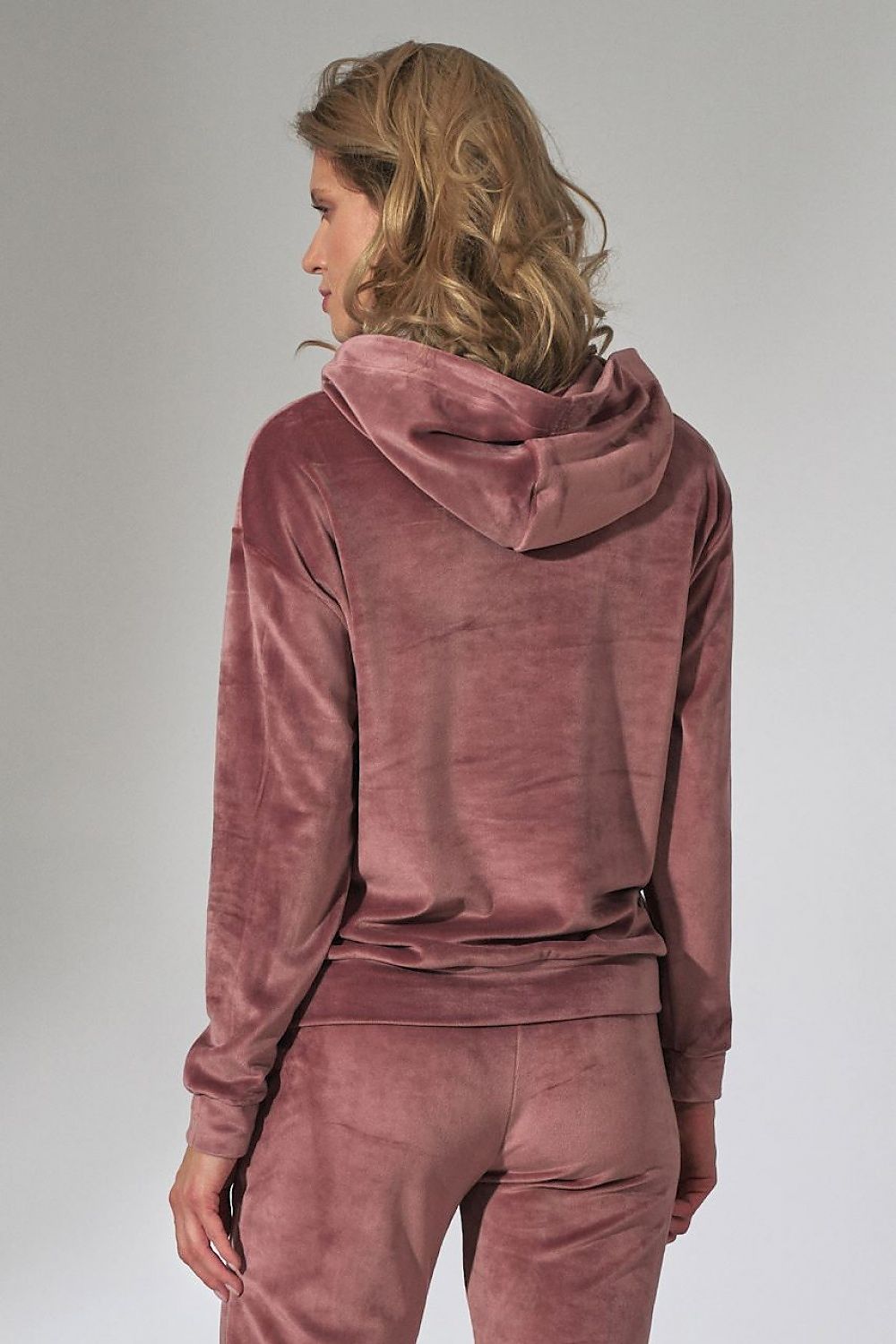 Women's Velour Hooded Sweatshirt with Loose Collar and Ribbed Hem