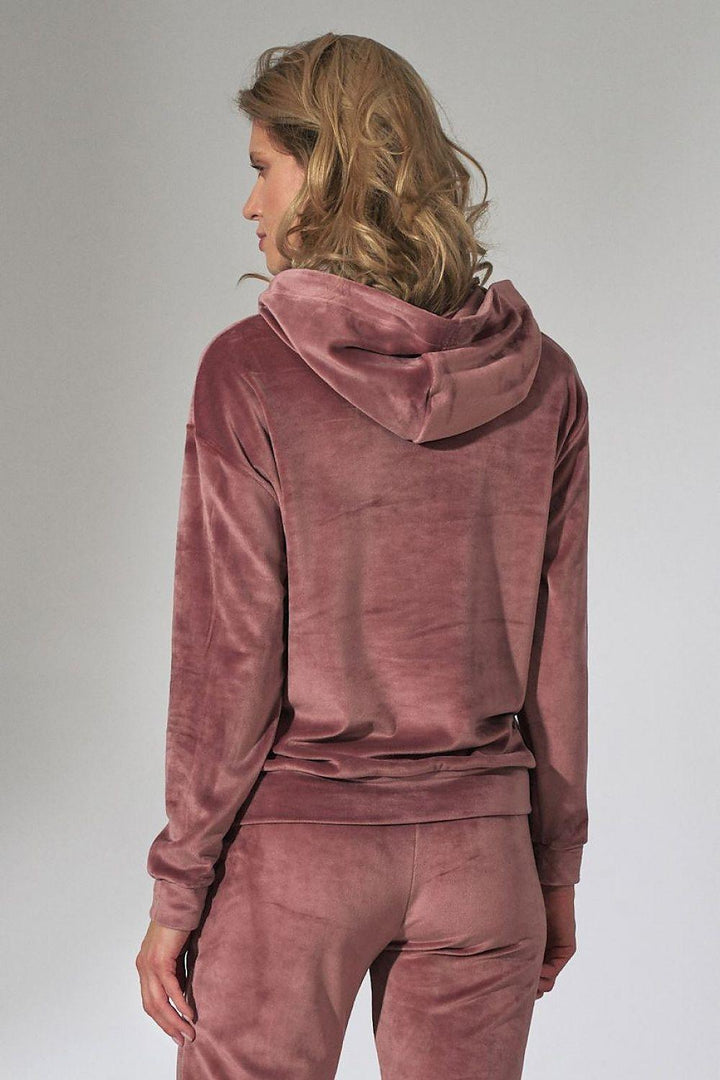 Women's Velour Hooded Sweatshirt with Loose Collar and Ribbed Hem - Ludowika 