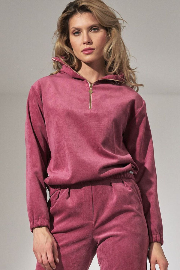 Corduroy Blouse with Decorative Zipper and Elastic Cuffs