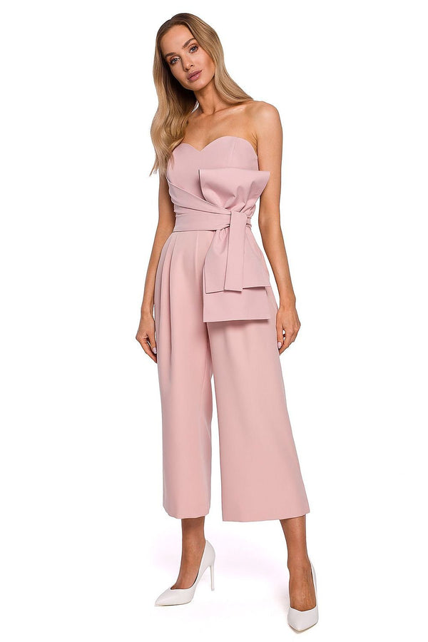 Bold Corset Jumpsuit with Draped Bow, Waist Tie, and Cropped Wide Legs