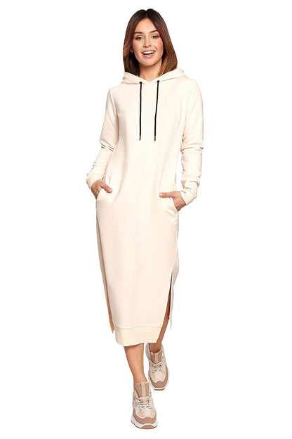 Versatile Straight Cut Knit Dress with Drawstring Hood and Side Slits