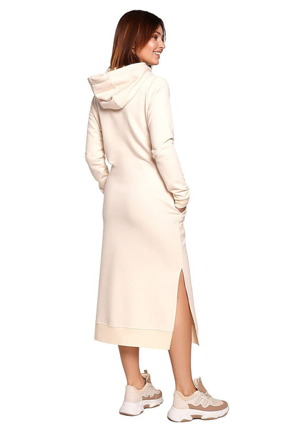 Versatile Straight Cut Knit Dress with Drawstring Hood and Side Slits