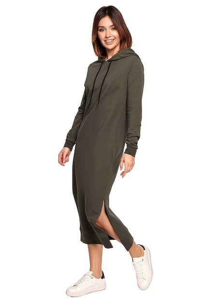 Versatile Straight Cut Knit Dress with Drawstring Hood and Side Slits