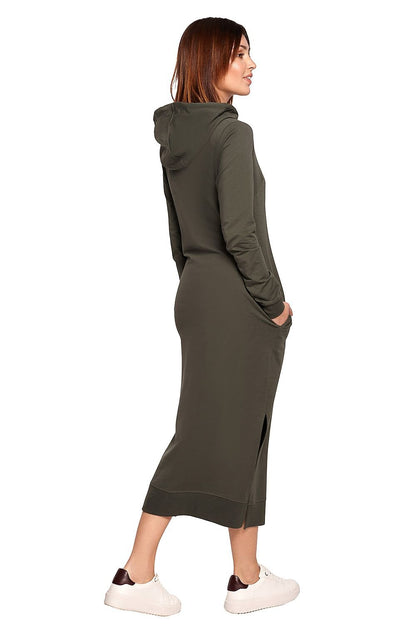 Versatile Straight Cut Knit Dress with Drawstring Hood and Side Slits