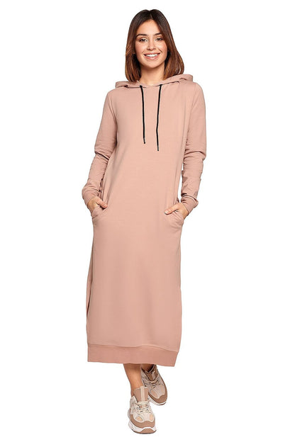 Versatile Straight Cut Knit Dress with Drawstring Hood and Side Slits