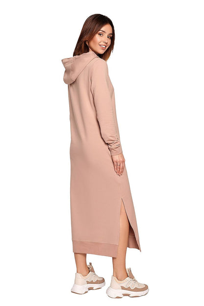 Versatile Straight Cut Knit Dress with Drawstring Hood and Side Slits