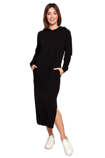 Versatile Straight Cut Knit Dress with Drawstring Hood and Side Slits