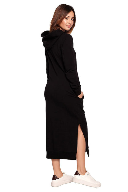 Versatile Straight Cut Knit Dress with Drawstring Hood and Side Slits