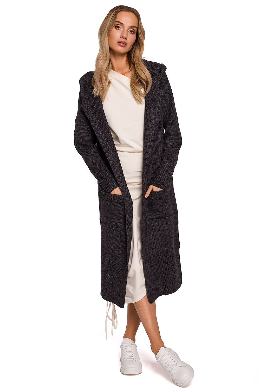 Cardigan long style manteau avec capuche ajustée et fentes décoratives