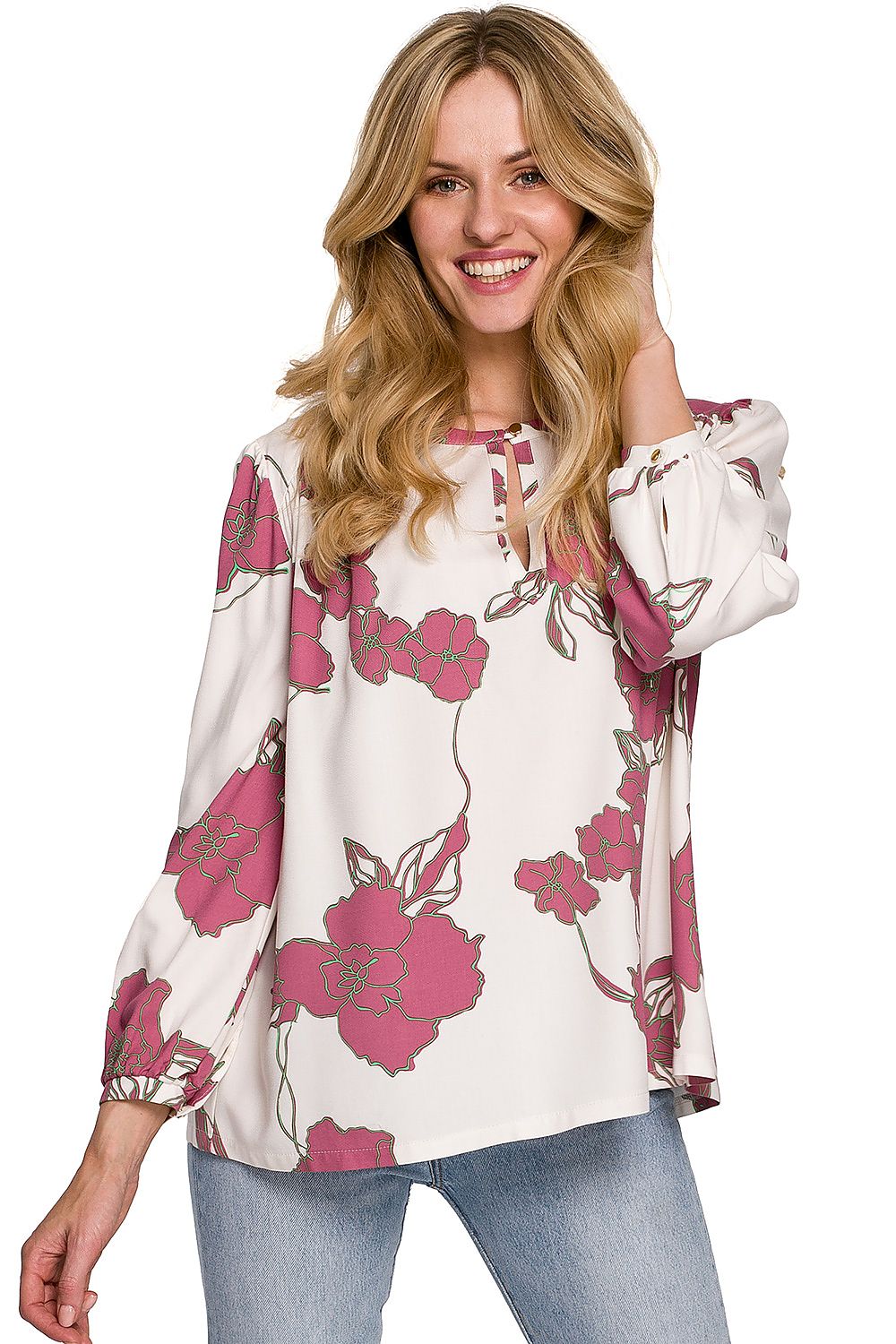 Delicate viscose blouse with an original floral pattern, versatile cut that can be worn tucked in or loose, perfect for both casual and elegant looks.