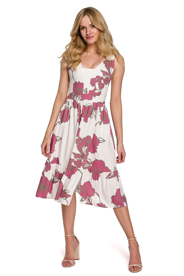 Midi Dress with Shaped Neckline, Elastic Back, and Side Slit - Ludowika 