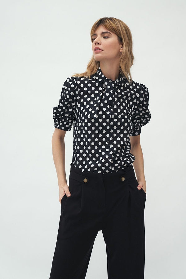 Polka Dot Women's Shirt with Delicate Collar and Binding for Casual Elegance