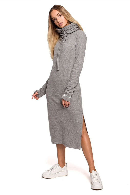 Comfortable Knitted Maxi Dress with Side Slit, High Collar, and Thumbhole Cuffs