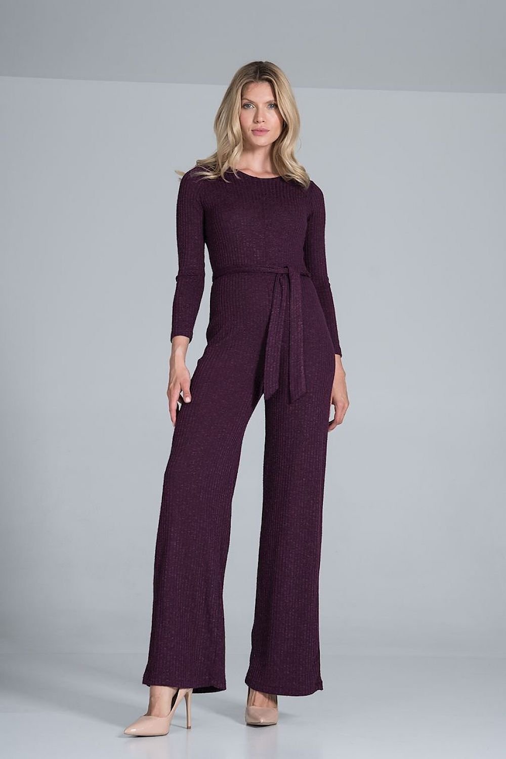 Ribbed Knit Jumpsuit with Wide Legs and Back Slit