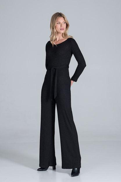 Ribbed Knit Jumpsuit with Wide Legs and Back Slit