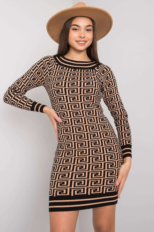 Camel and Black Knit Dress with Fitted Cut