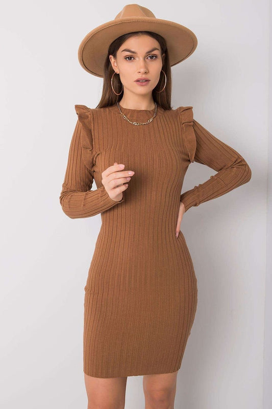 Light Brown Pinstripe Dress with Ruffles